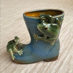 Vintage Ceramic Planter Frogs On Boot Planter Flower Pot Sculpture Unique